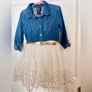 NWOT- Girls Pink & Violet denim dress with white and gold  tulle bottom . Size 5